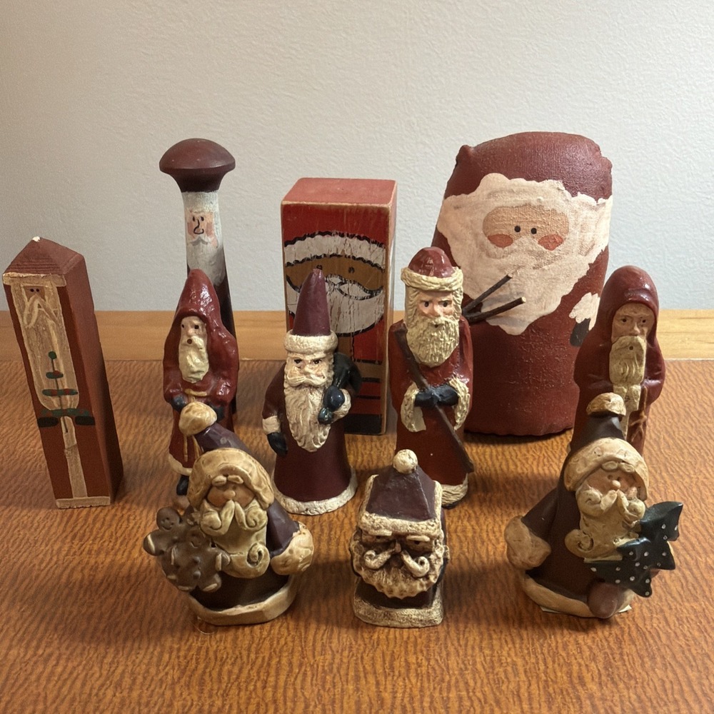Vintage Collection Mini Santas Mixed Lot: Hand Painted Carved Sculpted Signed 11